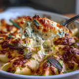 Jumbo pasta shells filled with pumpkin and smoked Gouda, baked in nutty brown butter sage Alfredo.