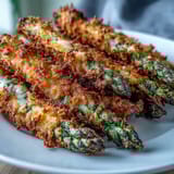 Freshly roasted Crispy Asparagus Asiago Spears arranged on a baking sheet, their golden panko crust glistening with olive oil and aromatic smoked paprika.  