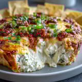 Festive loaded queso dip topped with melted cheese, savory chorizo, and vibrant pico de gallo for a party-ready appetizer.  