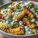 Creamy Mexican street corn pasta salad with smoky paprika, tangy lime, and crumbled Cotija for a zesty summer side dish.