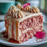 Blush pink Rosé Velvet Cake adorned with rich frosting and cascading gold.