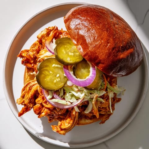 Freshly grilled BBQ Chicken Sandwich stacked high with crisp slaw on a toasted bun