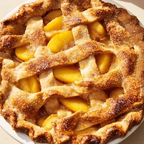 Freshly baked Peach Pie with a golden flaky crust and bubbling peach filling, served warm with a scoop of vanilla ice cream.