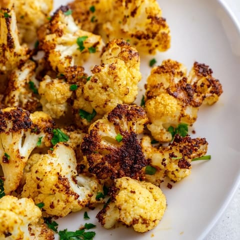 Golden roasted cauliflower florets, seasoned with paprika and cumin, served on a rustic plate with fresh lemon wedges.