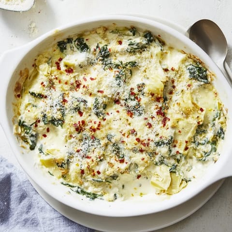 Creamy spinach artichoke dip bubbling golden in a dish with toasted bread and tortilla chips for dipping.
