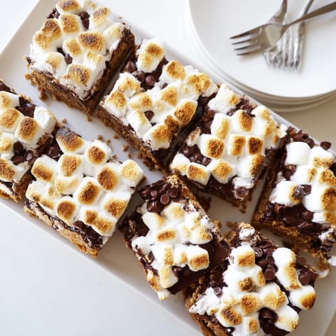 Warm Smores Bars topped with melty mini marshmallows, served on a rustic wooden cutting board.