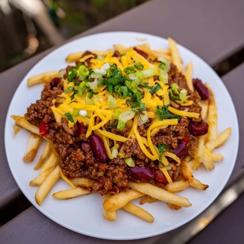 Golden crispy French fries topped with savory beef chili and melted cheddar cheese, finished with fresh green onions.