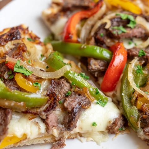 Golden Philly Cheesesteak Pizza with melted provolone, sautéed peppers, and onions on a crisp crust.