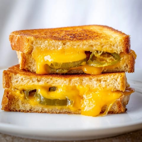 A close-up of a golden-brown Cheddar Jalapeño Grilled Cheese, with gooey melted cheese oozing from the crispy, buttery sourdough slices.