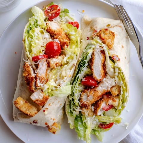 Fresh romaine lettuce, shaved Parmesan, and crunchy croutons frame the saucy Hot Honey Chicken Caesar Wrap, perfect for lunch.