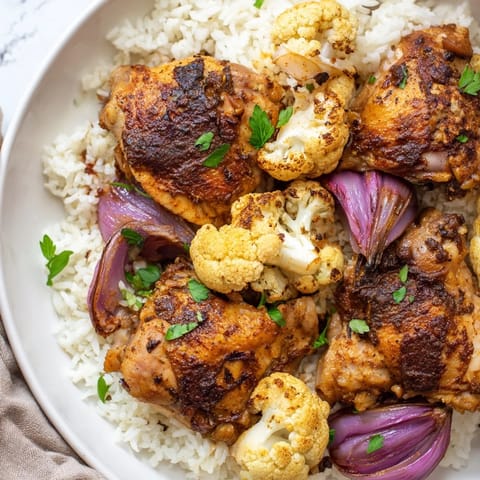 Succulent chicken thighs and tender cauliflower florets seasoned with smoked paprika on a sheet pan garnished with cilantro.  