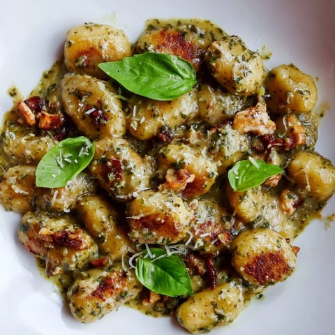 Creamy Pesto Gnocchi with Chicken is garnished with fresh basil and shaved Parmesan, perfect for a comforting Italian-inspired dinner.