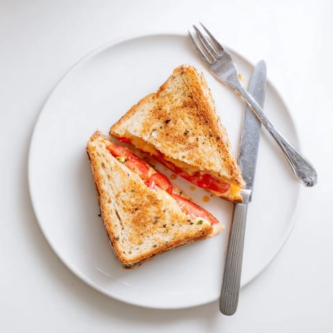 Pepper Jack & Tomato Grilled Cheese is sliced in half on a white plate, revealing a spicy, gooey interior and fresh red tomato slices.