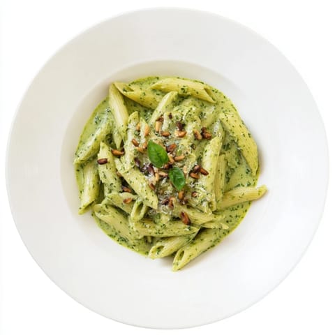 A comforting bowl of Creamy Sunflower Seed Pesto Pasta rests beside a glass of crisp white wine and fresh basil garnish, steam gently rising.