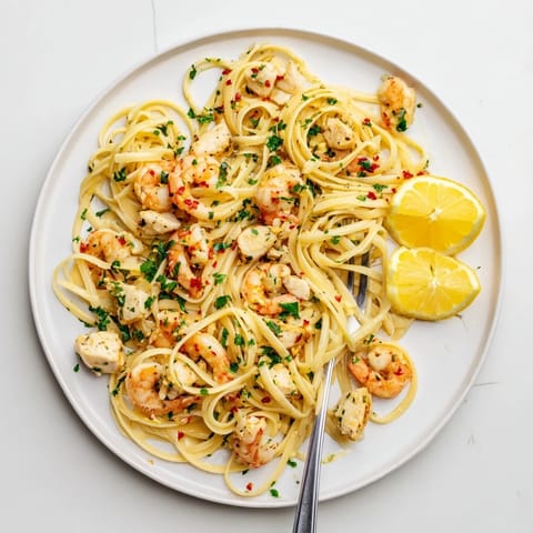 A close-up of Lemon Garlic Shrimp & Chicken Pasta with steaming noodles, bright lemon zest, and a glistening sauce.