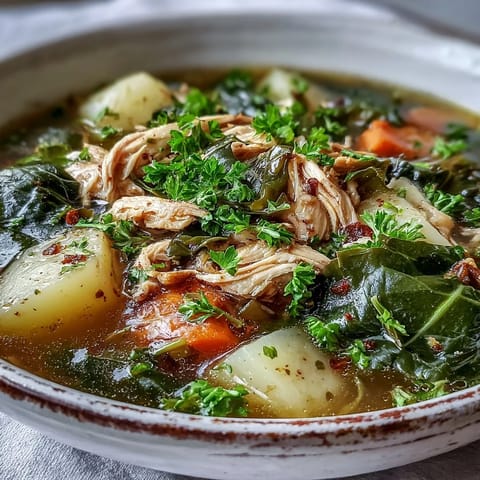 Savory chicken and vegetable soup, showcasing vibrant collard greens, perfect for lunch.