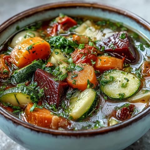 A steaming bowl brimming with vibrant Rainbow Vegetable Detox Soup, a healthy delight.