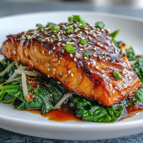 Miso salmon on tender sautéed spinach, a delightful restaurant-quality weeknight dinner.