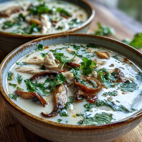Sliced chicken and straw mushrooms float in creamy coconut milk, showing the rich texture of Authentic Tom Kha Gai.