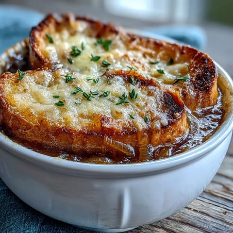 Golden French Onion Soup with crusty bread and bubbly Gruyère cheese, served steaming in a rustic bowl.