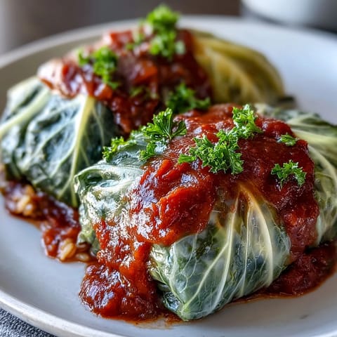 Golden-brown Baked Vegan Cabbage Rolls fresh from the oven, drizzled with rich tomato sauce and garnished with fresh parsley.