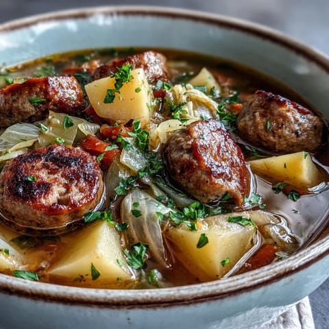 Hearty Sausage, Potato and Cabbage Soup simmering in a pot with chunky vegetables and savory sausage slices.