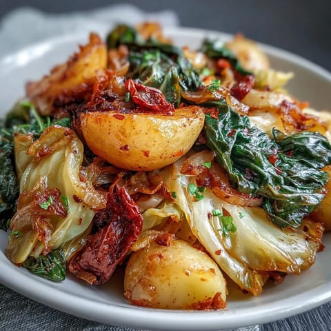 Warm bowl of Braised Cabbage With Potatoes and Chili garnished with fresh parsley and lemon wedges, served alongside rustic bread at a cozy dinner table.