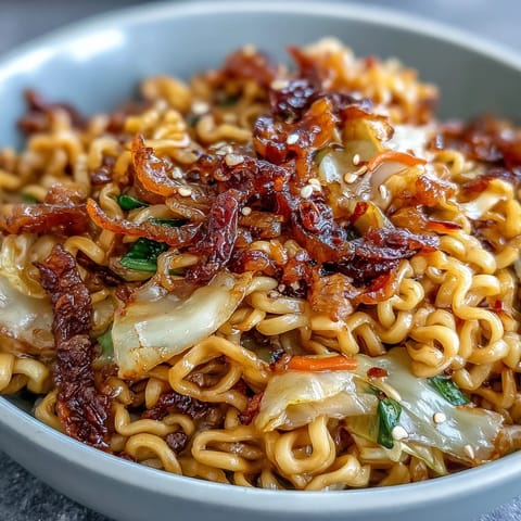A close-up of a savory Fried Cabbage Ramen stir-fry, highlighting glossy noodles and vibrant julienned carrots in the mix.