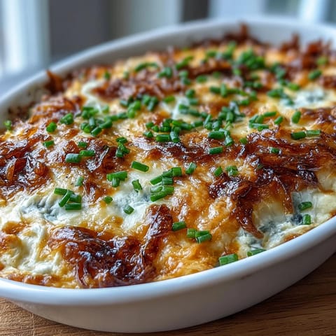 Warm, bubbly Smoked Gouda & Onion Dip topped with fresh chives in a white baking dish, served with crispy tortilla chips and colorful vegetable sticks.