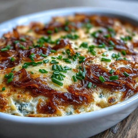Golden-brown Smoked Gouda & Onion Dip fresh from the oven, featuring a creamy, cheesy texture with caramelized onions and garlic ready for dipping.