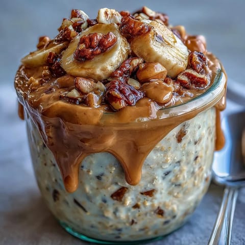 A spoonful of rich High-Protein Peanut Butter Overnight Oats topped with fresh blueberries and honey.