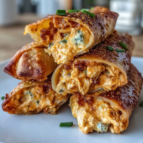 Golden, crispy Buffalo Chicken Dip Egg Rolls piled high on a plate with a small bowl of ranch for dipping.