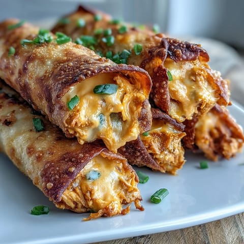 Golden, crunchy Buffalo Chicken Dip Egg Rolls served warm on a platter with fresh celery sticks on the side.