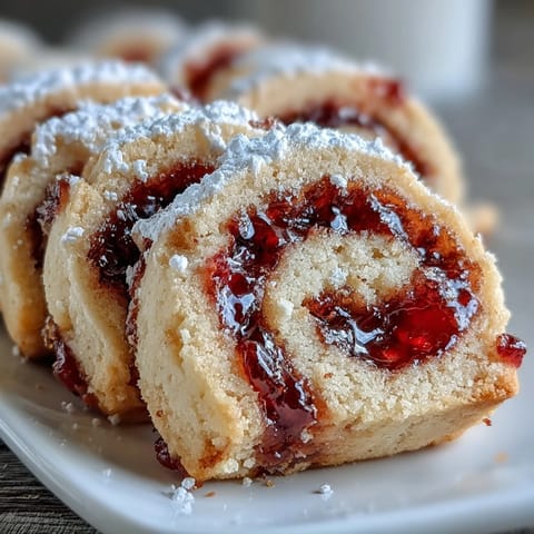 Four Raspberry Swirl Shortbread Cookies display a jam swirl center on a rustic wooden board.