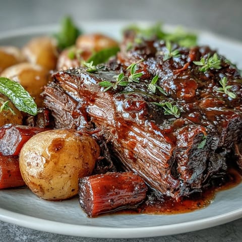A close-up of tender beef pot roast with glazed carrots and potatoes in rich gravy.
