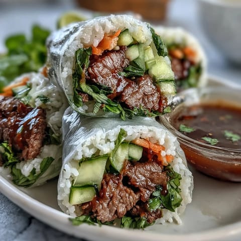 A platter of Thai Basil Beef Rolls served with a tangy dipping sauce, perfect for a light lunch or appetizer.  