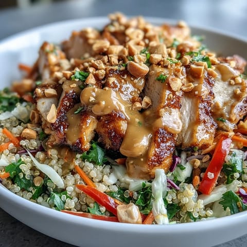 Close-up of sliced, baked chicken over brown rice, topped with crisp carrots, red bell peppers, and shredded purple cabbage in a Peanut Chicken Power Bowl.