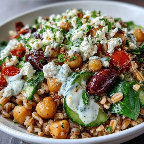 This wholesome Mediterranean Farro Bowl is served in a ceramic bowl, showcasing colorful vegetables and fresh parsley garnish for a healthy lunch.