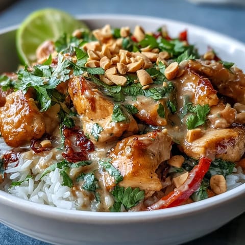 Fragrant coconut rice and tender chicken coated in a spicy peanut sauce in a Thai Peanut Chicken Bowl.