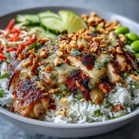 Freshly grilled chicken slices rest on fluffy coconut rice, surrounded by crisp red cabbage, carrots, and cucumber, all drizzled with a creamy peanut sauce. Coconut Rice Peanut Bowl.