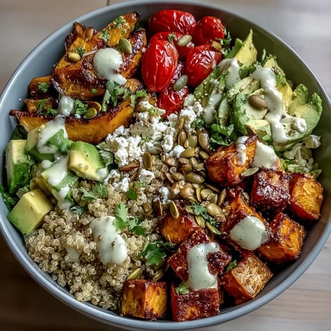 Colorful Customizable Grain Bowl with roasted sweet potato, chicken, and feta, drizzled with creamy lemon-tahini dressing for a healthy meal.