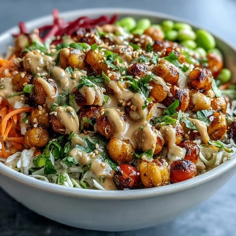 Savory roasted chickpeas and crisp veggies fill this vibrant Peanut Chickpea Protein Bowl, drizzled with creamy peanut sauce and topped with fresh herbs.
