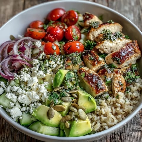 A vibrant Simple Grain Bowl in a white bowl with brown rice, chickpeas, avocado, tomatoes, cucumber, and fresh herbs.