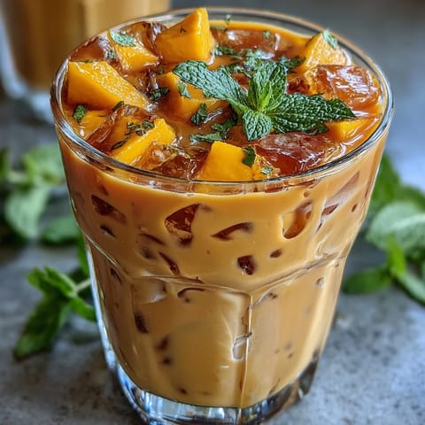A tall glass of mango peach iced tea with fresh mint leaves, perfect for summer refreshment.