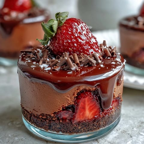 Easy Dubai Chocolate Strawberry Cheesecake Cups with creamy filling, fresh strawberries, and rich ganache, served in individual cups.