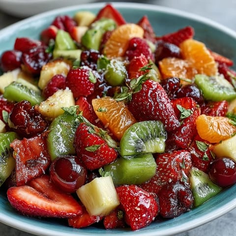 Vibrant strawberry lemonade fruit salad with juicy strawberries, blueberries, and pineapple in a zesty lemon-honey dressing.