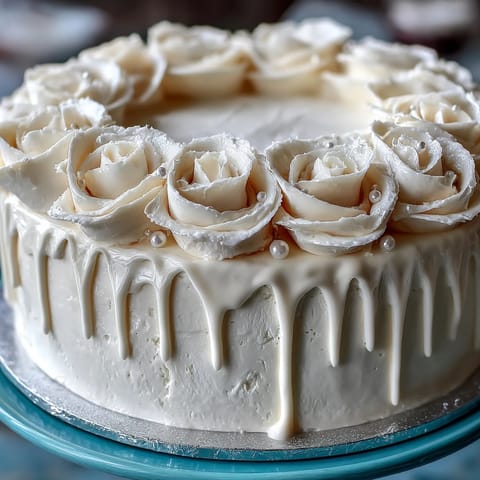First Communion Cake with White Roses and Cross Topper, elegant vanilla sponge layered with silky buttercream, decorated with delicate fondant roses and a central cross.