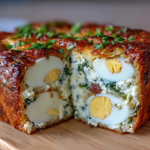 Easter Savory Pie with Hard-Boiled Eggs and Ham: golden flaky pastry filled with creamy ricotta, spinach, and ham, revealing whole eggs when sliced.