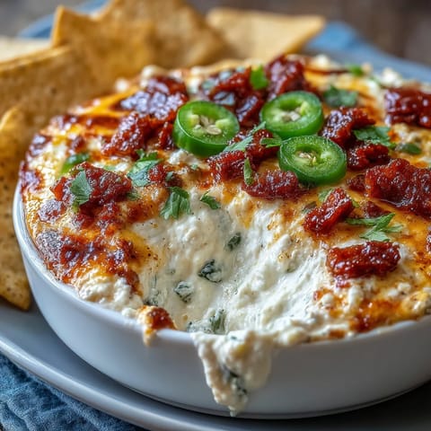 Creamy Cinco de Mayo Loaded Queso Dip with spicy chorizo and fresh pico de gallo, served bubbling hot with crunchy tortilla chips.  