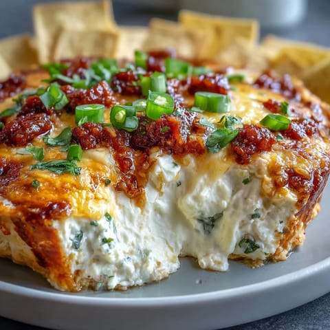 Festive loaded queso dip topped with melted cheese, savory chorizo, and vibrant pico de gallo for a party-ready appetizer.  